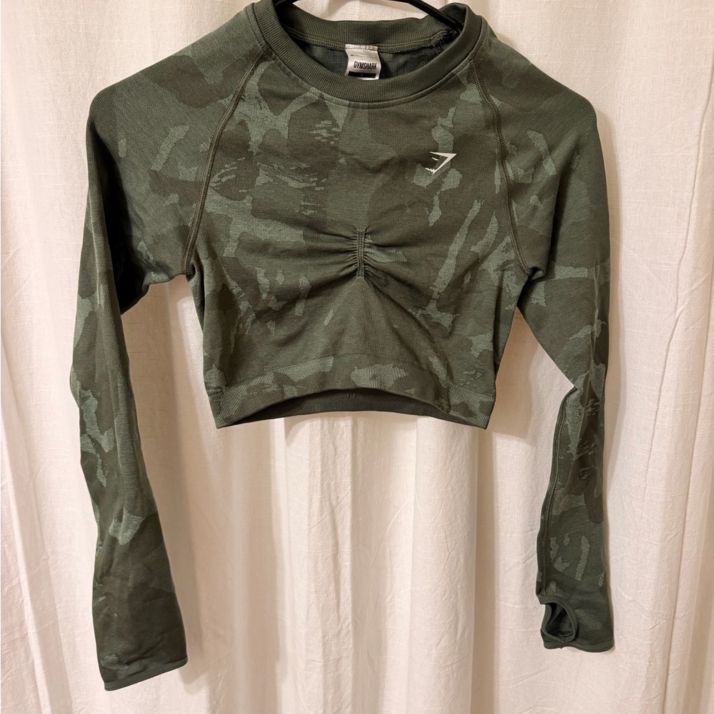 Gymshark Olive Green Camo Long-Sleeve Cropped Top